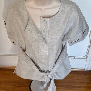 Donna Karan Light Gray 100% cotton Tie-Front Henley Blouse, size XS quiet luxury